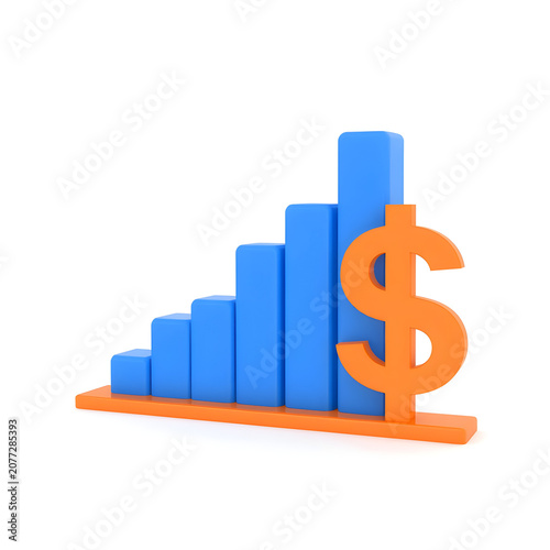 Blue bar graph with dollar sign on orange base showing financial growth on transparent background