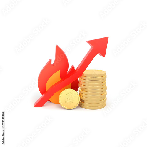 Red arrow and flame symbolizing rapid financial growth with gold coins on transparent background