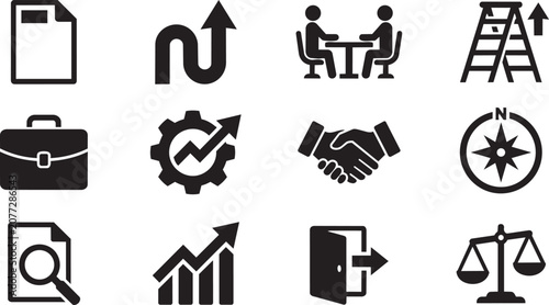 Tableau sur toile Business icons, 12 symbol set, black vector graphics, office workflow, managemen