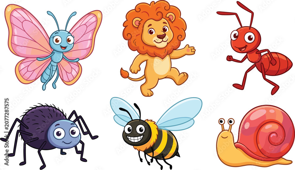 Obraz premium Cute cartoon animal and insect vector set featuring friendly lion butterfly bee ant spider and snail