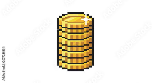 A tall stack of shiny pixel art gold coins for a video game.
