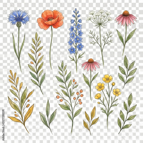 Colorful flowers and leaves arrangement.