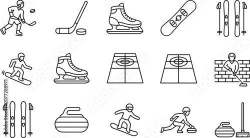 Photography Winter Sports Line Icon Set with Ice Hockey Skating Snowboarding Skiing and Curl