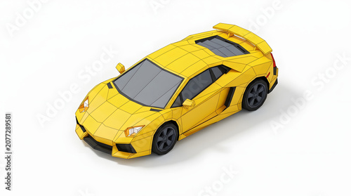 Polygonal low-poly sportscar with a bright yellow exterior parked on a white surface, showcasing its geometric design and sleek contours