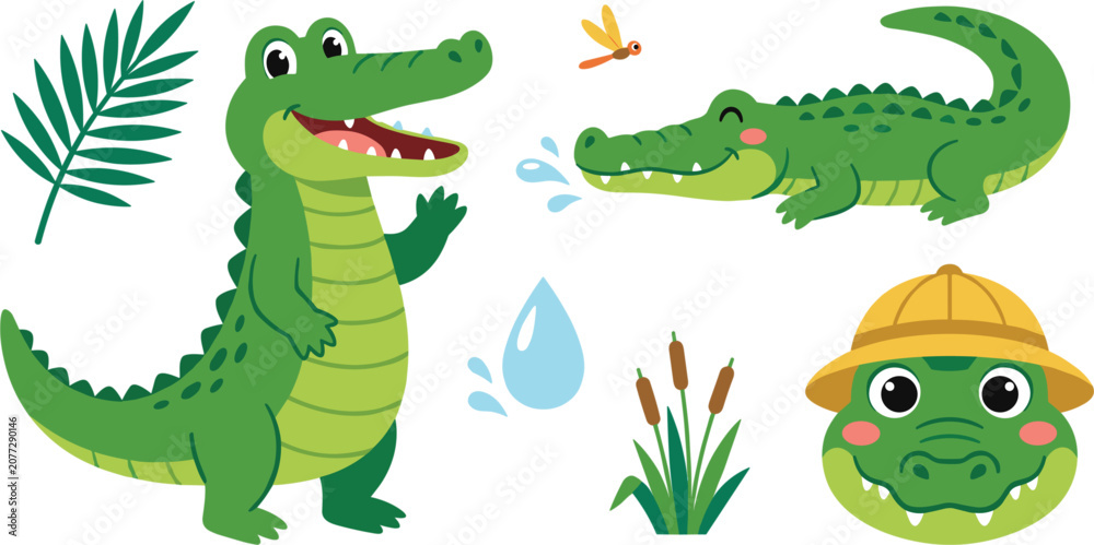 Naklejka premium Cute Cartoon Crocodile Vector Set with Friendly Alligator Characters, Pith Safari Hat, Tropical Palm Leaf, and Swamp Reeds for Kids Nursery Designs