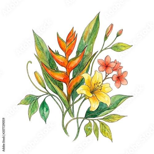 Tropical flowers and leaves arrangement.