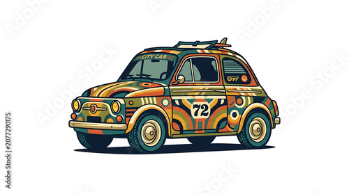Vibrantly decorated retro compact car illustration, featuring a psychedelic pattern and a surfboard on the roof, symbolizing a groovy summer adventure or beach-bound road trip
