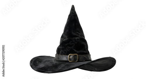 Foto Black velvet pointy witch hat with leather buckle