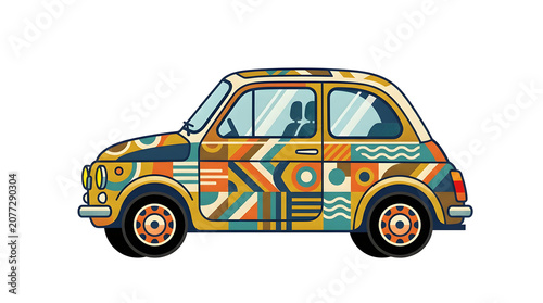 Vintage Compact City Vehicle Decorated With Vibrant Geometric Patterns and Colorful Abstract Artistic Motifs on Side Panels
