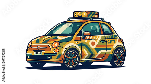 Vibrantly patterned compact city car with luggage on roof, showcasing a retro-inspired geometric design perfect for urban exploration and travel adventures