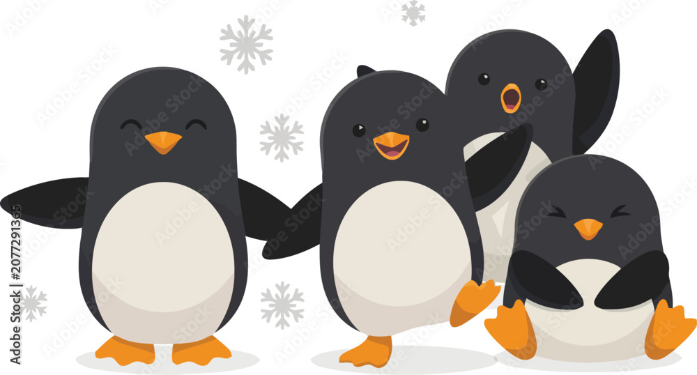 Fototapeta premium A group of four happy cartoon penguins standing together on ice with snowflakes around them