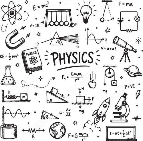 Hand Drawn Physics Doodle Set Science & STEM Outline Illustration.eps