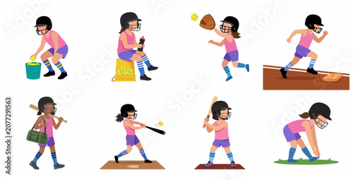Young girl softball player character set with various poses including batting, catching, running, and resting. Cute vector illustration for sports and youth activities.