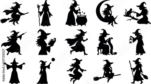 Obraz na plátně Halloween witch silhouettes spooky black cutouts for decoration and design on al
