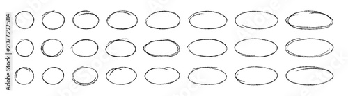 Hand drawn crayon ovals and circles set. Chalk pencil ovals of different widths. Highlight line circle frames. Ellipses in crayon doodle style. Vector illustration isolated on white background.