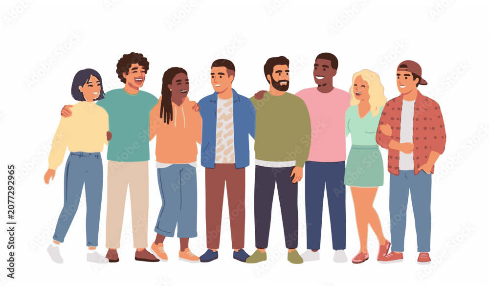 Obraz premium Diverse men and women friends team standing together smiling vector illustration friendship and unity concept isolated on white background