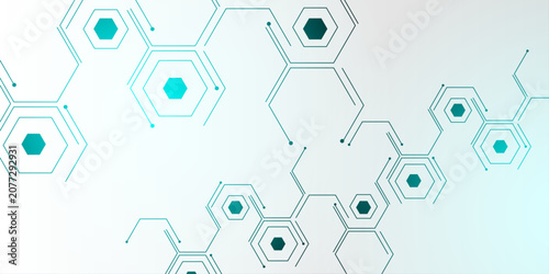 Futuristic geometric hexagonal pattern of interconnected digital network nodes and circuits, representing advanced technology and data flow in a clean, minimalist design