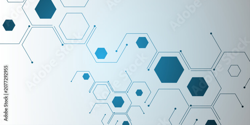 Abstract technological background with interconnected blue hexagons and nodes, representing data networks, digital connections, and scientific innovation