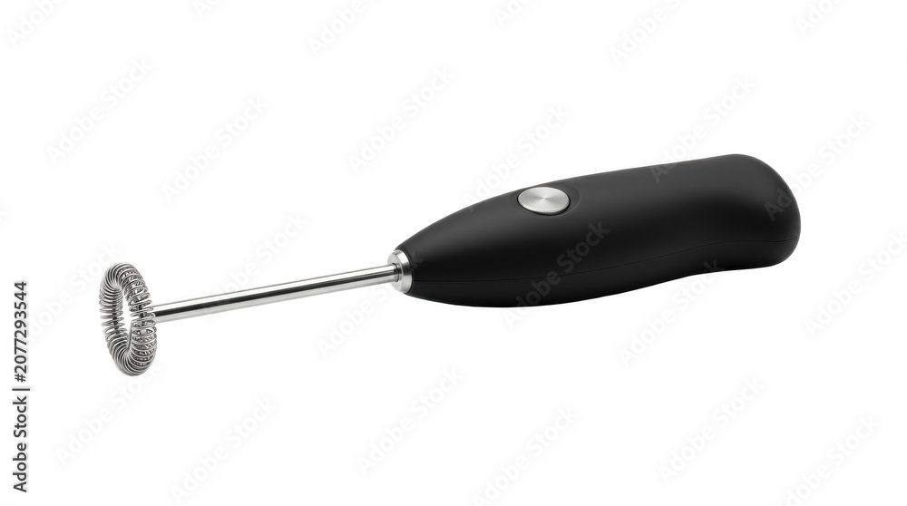 Fototapeta premium Black handheld electric milk frother with stainless steel whisk, high-resolution beverage mixing kitchen tool PNG image for coffee and latte preparation