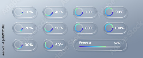 Glass load icon with button bar ui and chart progress percent. Box liquid circle with interface glass loading and pie pixel slider. Design text glass with transparent background button.