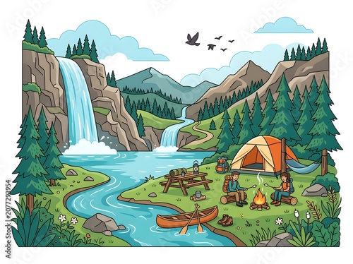 People Camping by River Waterfall.