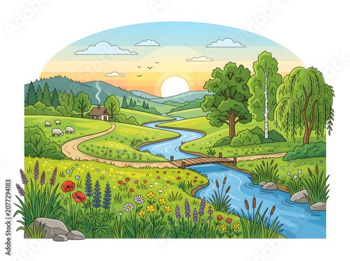 Serene Landscape with Winding River Stream.
