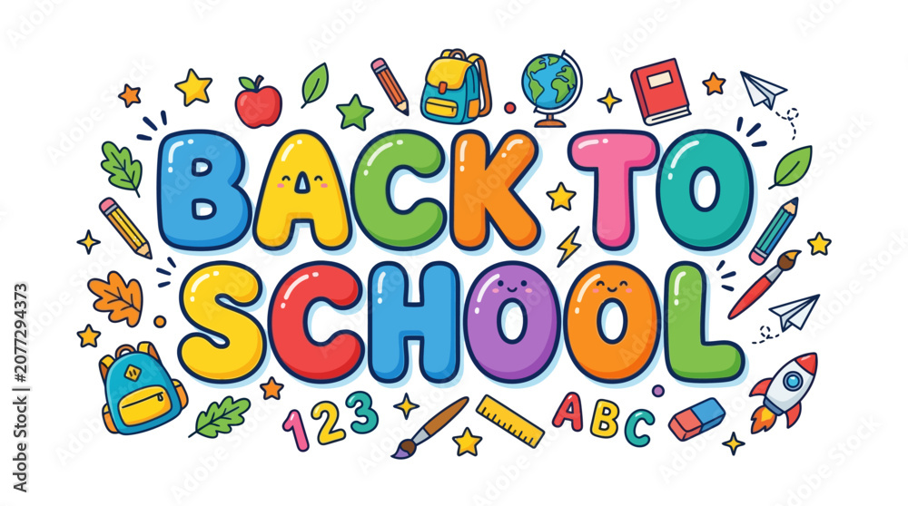 Fototapeta premium Cute Back To School supplies and lettering, vibrant colors, illustration