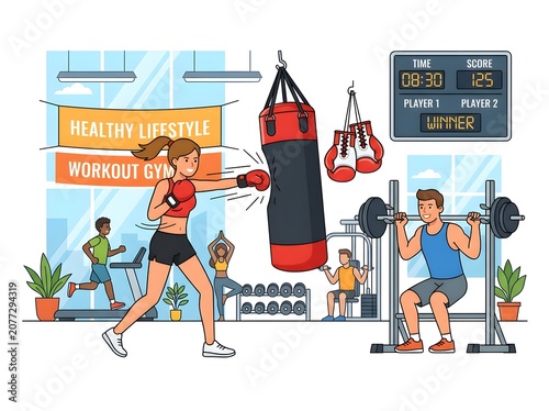 Woman Punching Bag at Gym Workout.