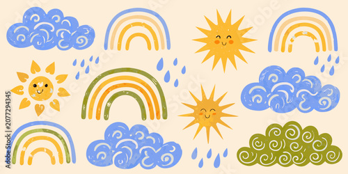 Fotografija Weather Icons Set Colorful Vector Illustration With Clouds Rainbows And Suns
