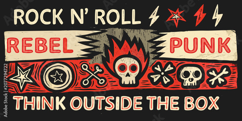 Tableau sur toile Rock and roll themed graphic design with skulls and lightning bolts