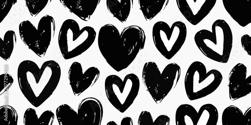 Hand Drawn Black Hearts Seamless Pattern On White Background
