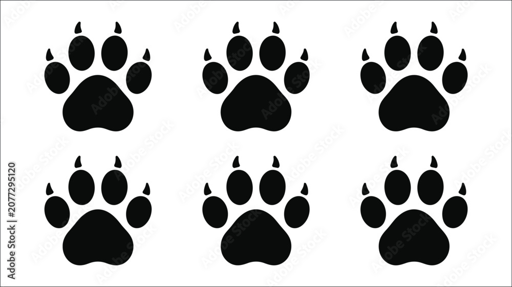 Fototapeta premium Animal paw print vector icons set, black predator footprints with sharp claws, wild beast track silhouettes collection of six, hunting and nature themed design, isolated wildlife illustration concept.