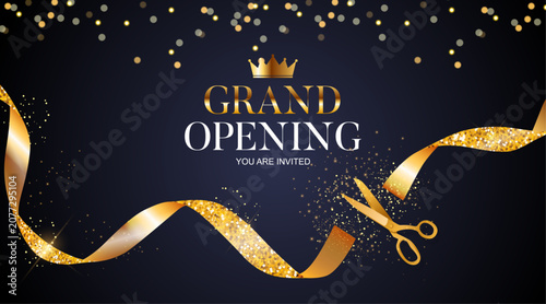 Grand opening announcement with golden ribbon scissors and confetti on dark blue background