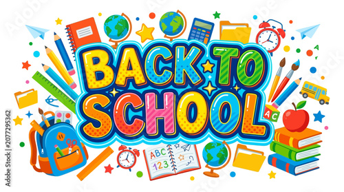 Back to School Colorful Banner with Supplies, Text and Objects - Illustration