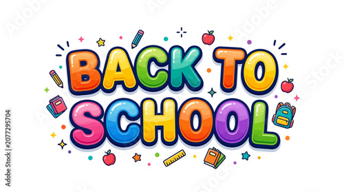 Back to School Colorful Text with School Supplies and Stars - Vector Art