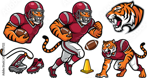 American Football Tiger Mascot Vector Illustration Set with Running Player, Helmet, Ball, Cleats, Training Cone, and Roaring Team Logo Icons