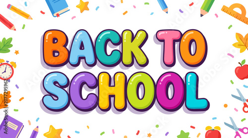 Back To School Colorful Title with Autumn Leaves and School Supplies