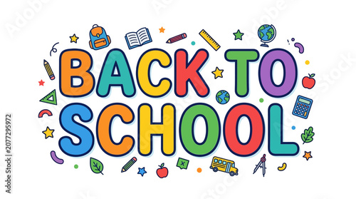 Back To School Colorful Typography with School Supplies and Icons
