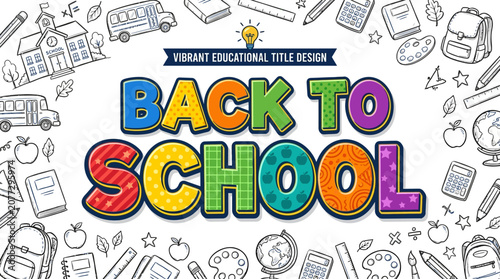 Back to School Colorful Title Design with Educational Icons, Drawing, School Supplies