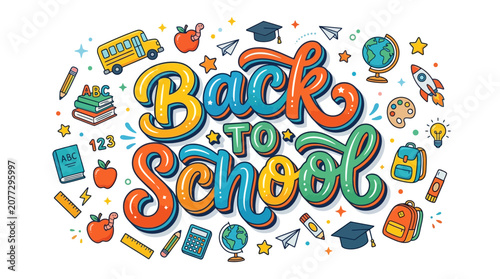 Back to School Colorful Typography with School Supplies and Icons