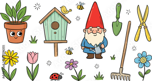 Cute Garden Gnome and Spring Flowers Vector Illustration Set with Wooden Birdhouse, Potted Plant, Shears, Rake, and Insects for Backyard Gardening Designs