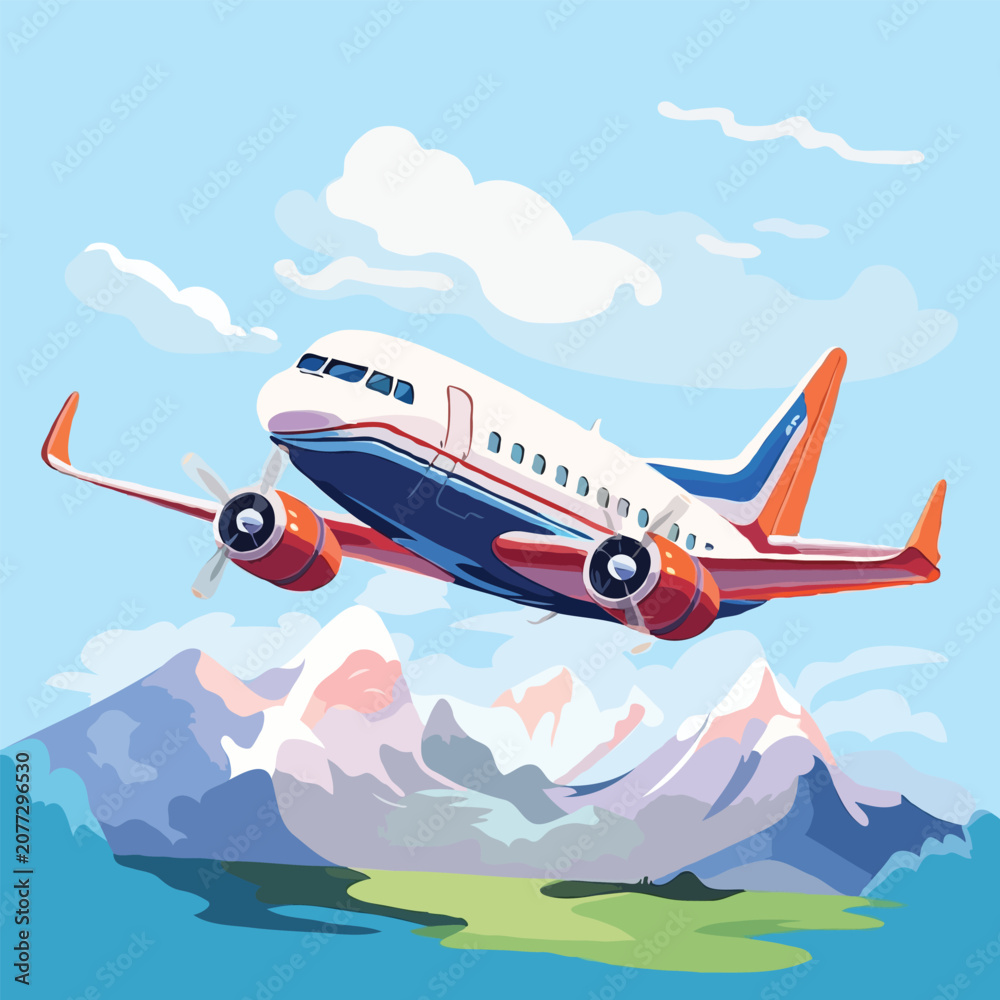Naklejka premium Vibrant Illustration of an Aeroplane Flying Over Scenic Snowy Mountains