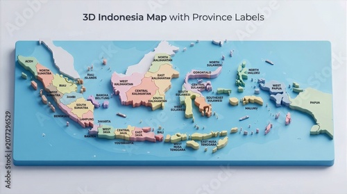 3D Map of Indonesia with Province Labels on Blue Background