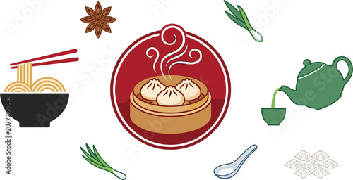 Chinese Dim Sum and Dumpling Vector Illustration Set with Noodle Bowl, Teapot, Green Onions, and Star Anise for Asian Restaurant Menu Designs