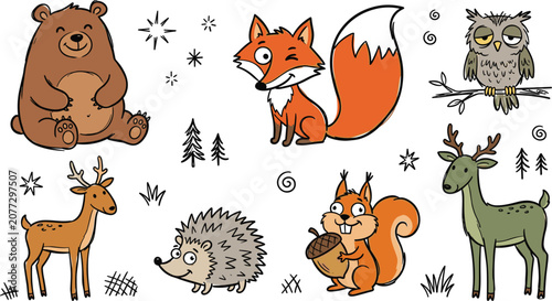 Cute Forest Animal Character Set with Bear Fox Owl Deer Hedgehog and Squirrel Vector Illustration for Kids Nursery and Children Book Graphic Designs