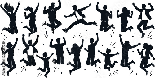 Happy Jumping People Silhouette Collection with Celebrating Men Women and Children Vector Illustration for Success Freedom and Active Lifestyle Designs