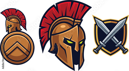 Spartan Warrior Mascot Logo Set with Roman Helmet Shield and Crossed Swords Vector Illustration for Esport Teams Gaming and Sports Branding