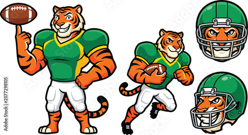 Smiling Tiger American Football Mascot Vector Illustration Set with Player Spinning Ball, Running Athlete, Green Helmet Icons, and Sports Team Logos