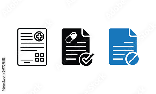 Medical Prescription Document Icon Set – Black Outline and Blue Color Vector Collection Representing Healthcare Form, Medication Record, and Pharmaceutical Report Design
