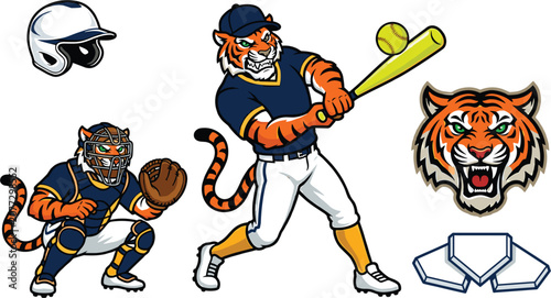 Fierce Tiger Baseball Softball Mascot Vector Illustration Set with Batter Swings, Catcher, Helmet, Home Plate, and Roaring Sports Team Logo Icons
